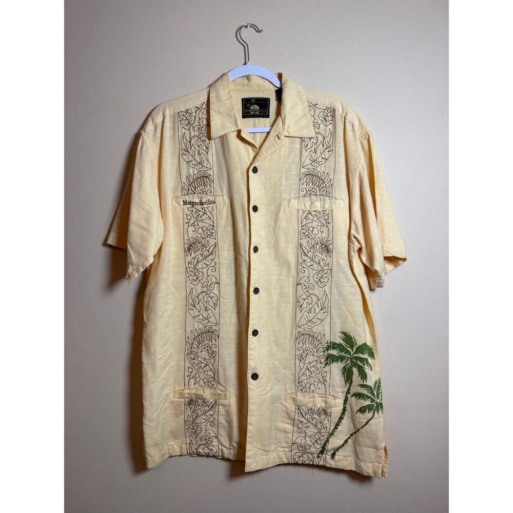Margaritaville Jimmy Buffett Mens Yellow Embroidered Palm Tree Camp Shirt Medium